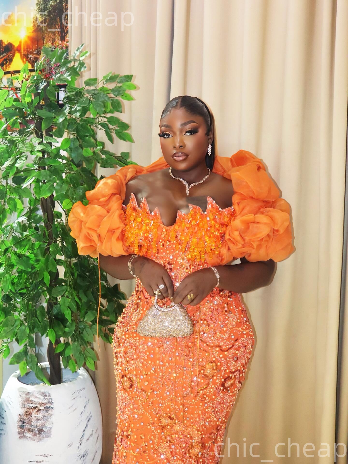 Aso Ebi Orange Sheath Prom Dresses 2026 Crystals Pearls Portrait Sequined Evening Formal Party Second Birthday Engagement Gowns Dress For Special Occa