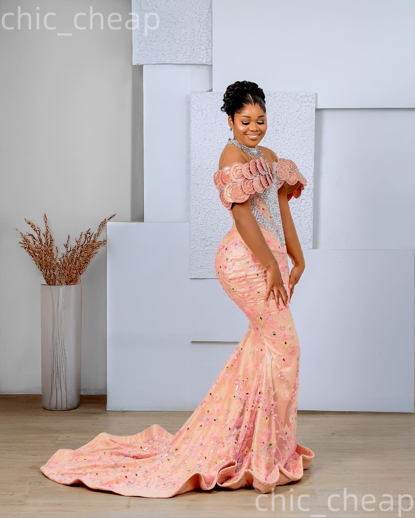 Aso Ebi 2026 Nigerian Pink Mermaid Prom Dresses Florals Crystals Sequined Evening Formal Party Second Birthday Engagement Gowns Dress For Special Occa