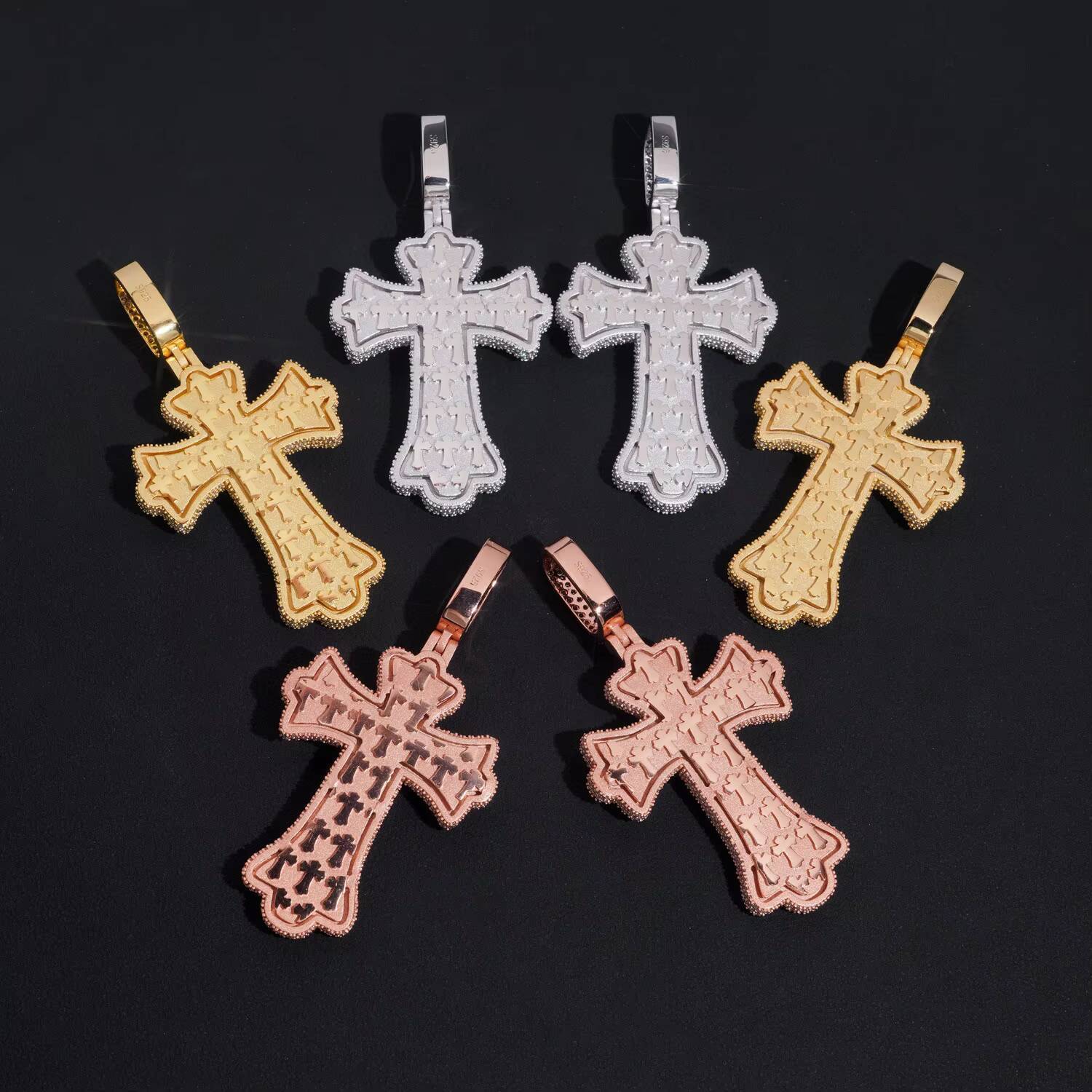 Luxury Fine Quality Religious Jewelry 925 Silver Gold Plated Fancy Shape Iced Out Multi Color VVS Moissanite Cross Charm Pendant