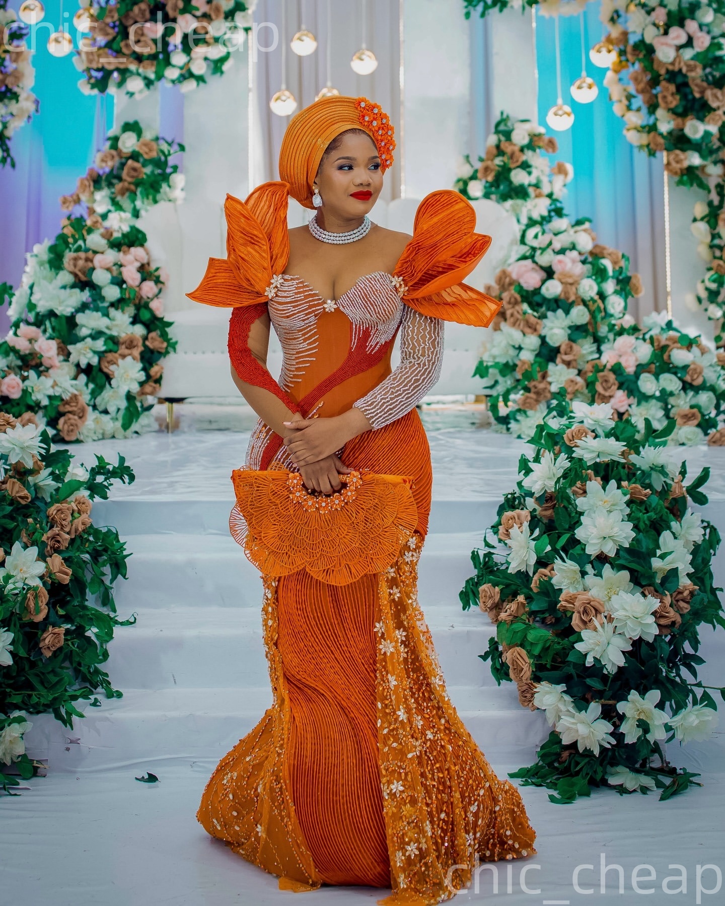 Aso Ebi Orange Nigerian Mermaid Prom Dresses 2026 Pearls Crystals Florals Evening Formal Party Second Birthday Engagement Gowns Dress For Special Occa