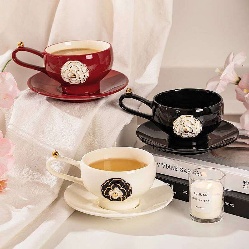 High-Grade Exquisite 2025 New Three-Dimensional Camellia Coffee Saucer Ceramic Cup Red White Black Suit 280ML
