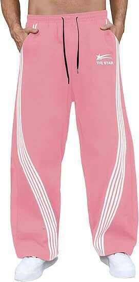 Men's loose wide-leg sports pants with Y2K stripes, side drawstring waistband, bucket-shaped waistband with pockets J260122