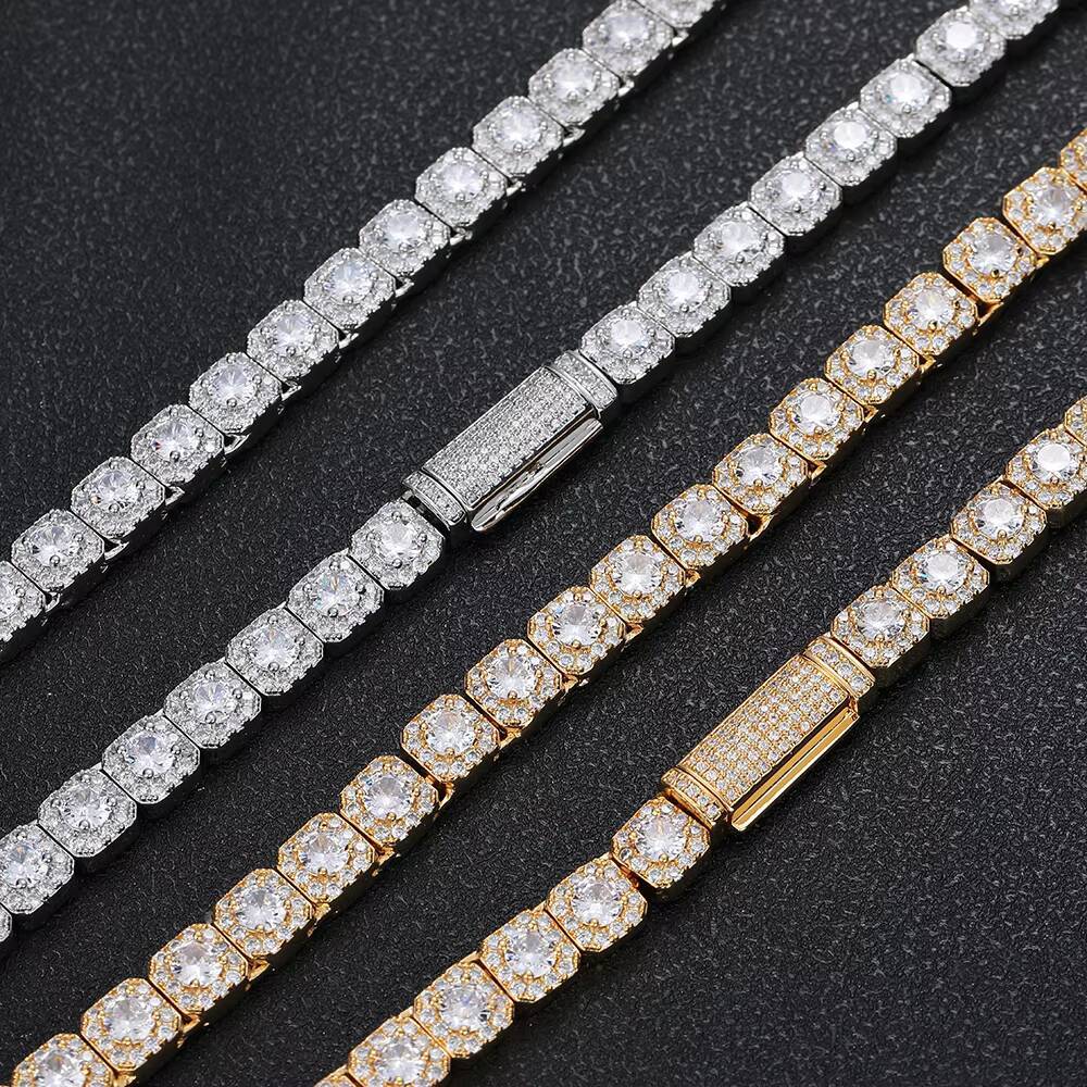 NUOYA Luxury Tennis Chain for Women 7mm Cluster Design Necklace Gold Silver Plated Iced Out Zircon Shiny Hip Hop Jewelry