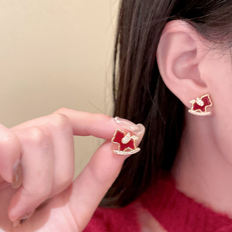 18K Real Gold Plated Zircon Pony Necklace Earrings New Chinese Style Zodiac Year Jewelry Set Light Luxury Elegant Accessories
