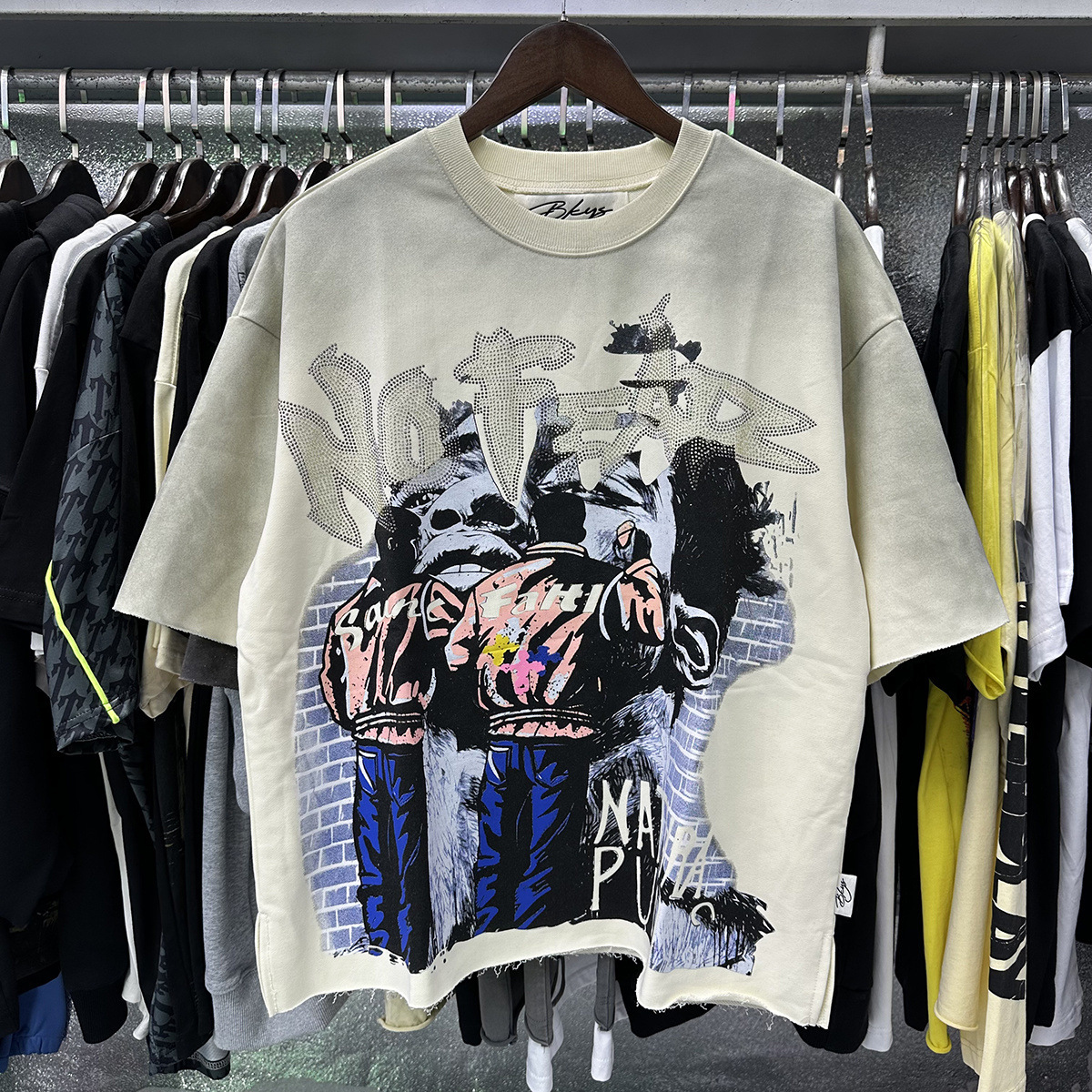 Men's T Shirts BKYS Tshirts Diamond Retro Graffiti Skeleton Devil Print Washed Black Cotton Vintage Short Sleeve Loose Street Round Neck Tops Men