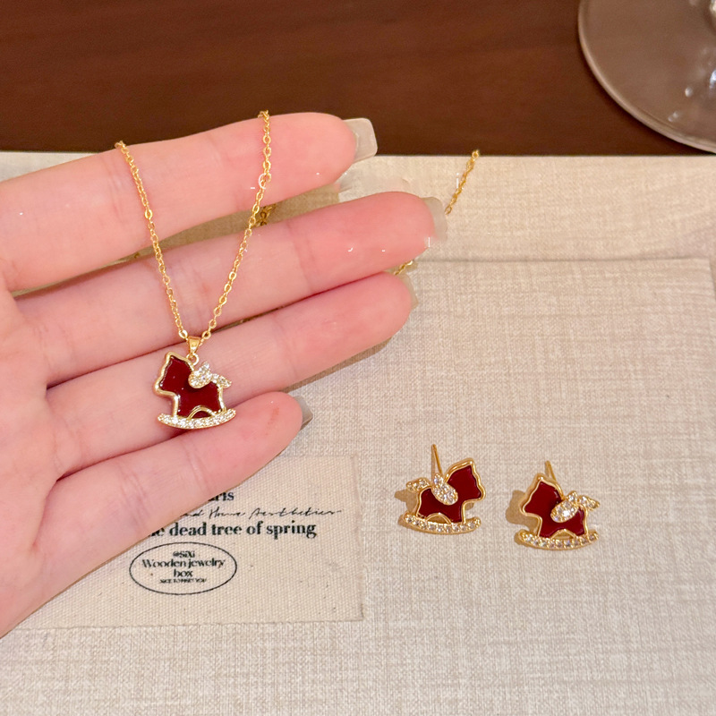 18K Real Gold Plated Zircon Pony Necklace Earrings New Chinese Style Zodiac Year Jewelry Set Light Luxury Elegant Accessories