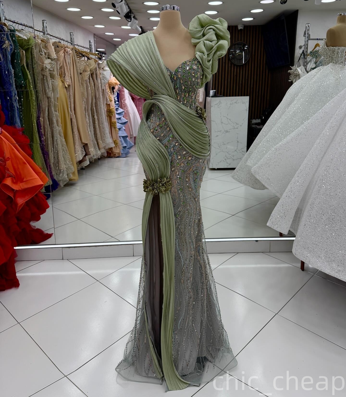 Aso Ebi 2026 Sage Mermaid Prom Dresses Beaded Crystals Flowers Sequined Evening Formal Party Second Birthday Engagement Gowns Dress For Special Occasi