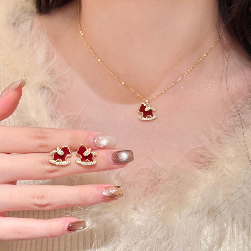 18K Real Gold Plated Zircon Pony Necklace Earrings New Chinese Style Zodiac Year Jewelry Set Light Luxury Elegant Accessories