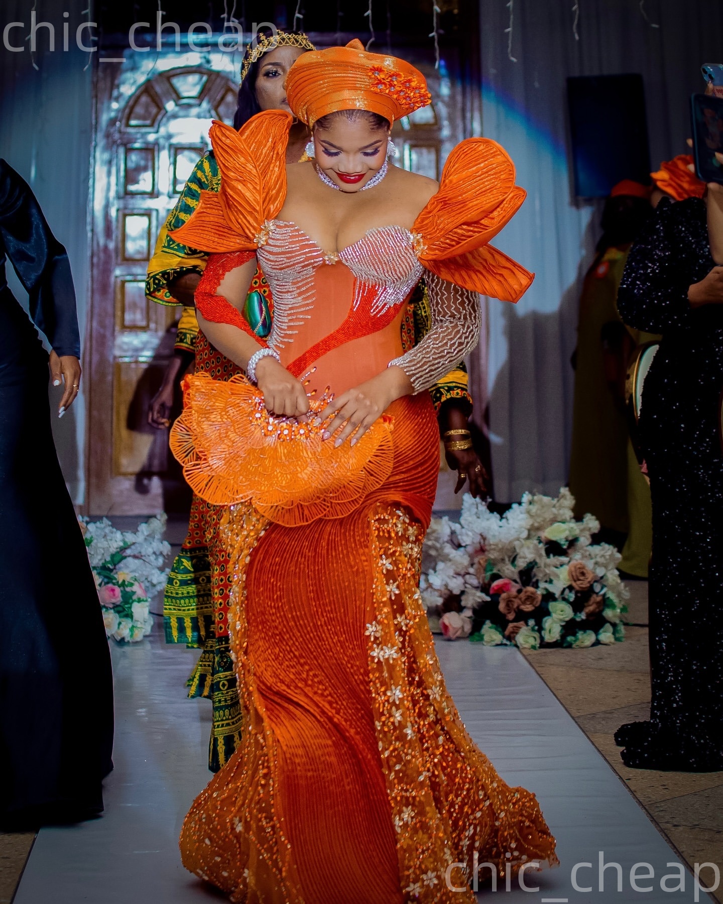 Aso Ebi Orange Nigerian Mermaid Prom Dresses 2026 Pearls Crystals Florals Evening Formal Party Second Birthday Engagement Gowns Dress For Special Occa