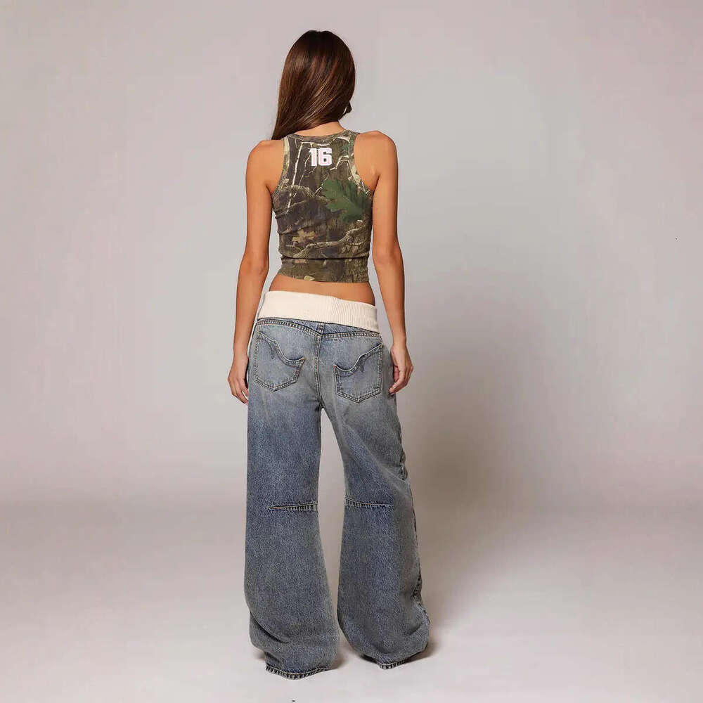 European and American Cross-Border Revice Retro Street Style Hot Girl Flipped Waist Design Washed Blue Jeans for Women Y2K