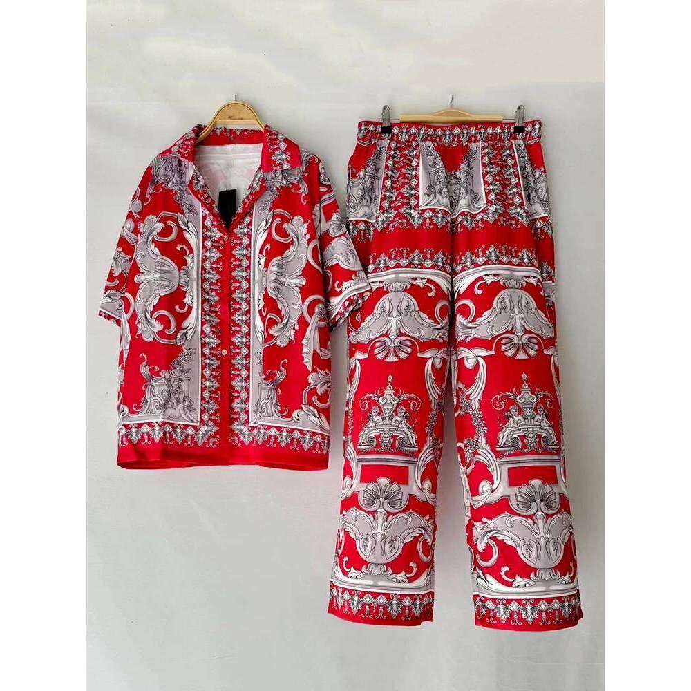Designer's Retro Geometric Print Straight-Leg Pajama Shirt Two-Piece For Summer Women's Wear + Loose Wide-Leg Pants Set