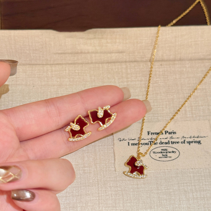 18K Real Gold Plated Zircon Pony Necklace Earrings New Chinese Style Zodiac Year Jewelry Set Light Luxury Elegant Accessories