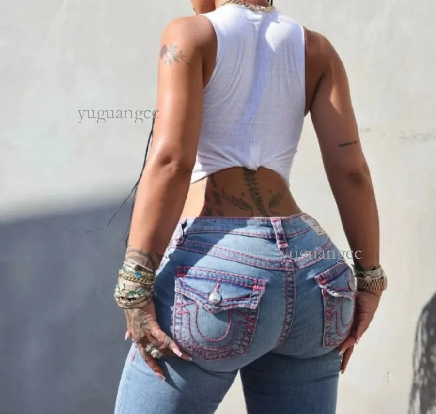 Women's true religionjeans woman Embroidery High Waisted Woman Street Fashion Sexy Vintage Women Casual Tight Washed Pants Black 9af