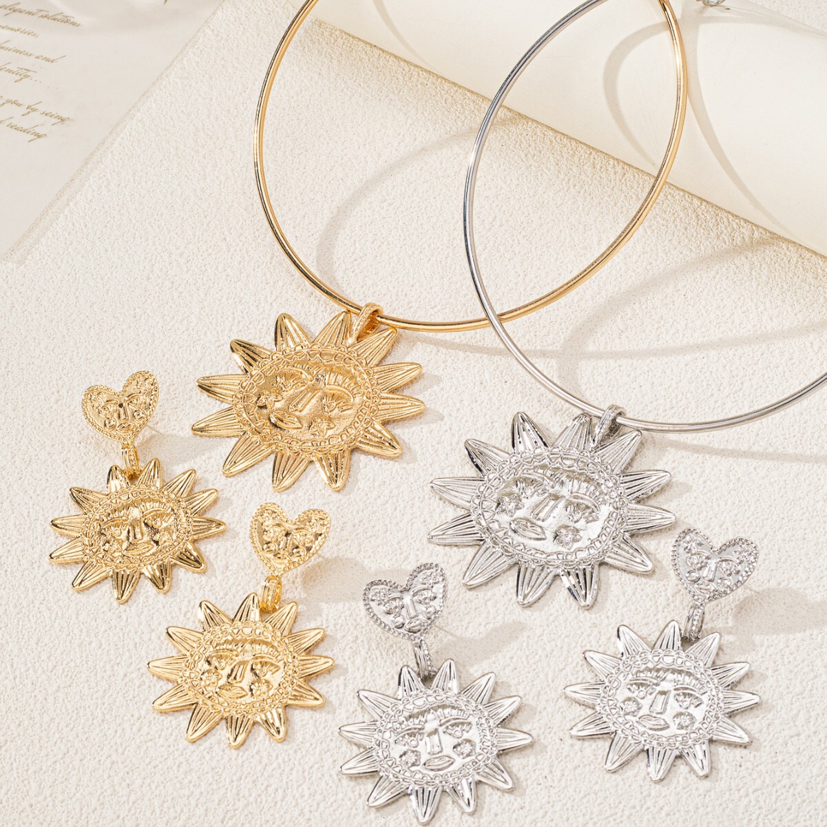 Vintage Jewelry Set European And American Style Personality Trendy Simple Fashion Sunflower Pendant Heart Earrings Exaggerated Niche Versatile Earring