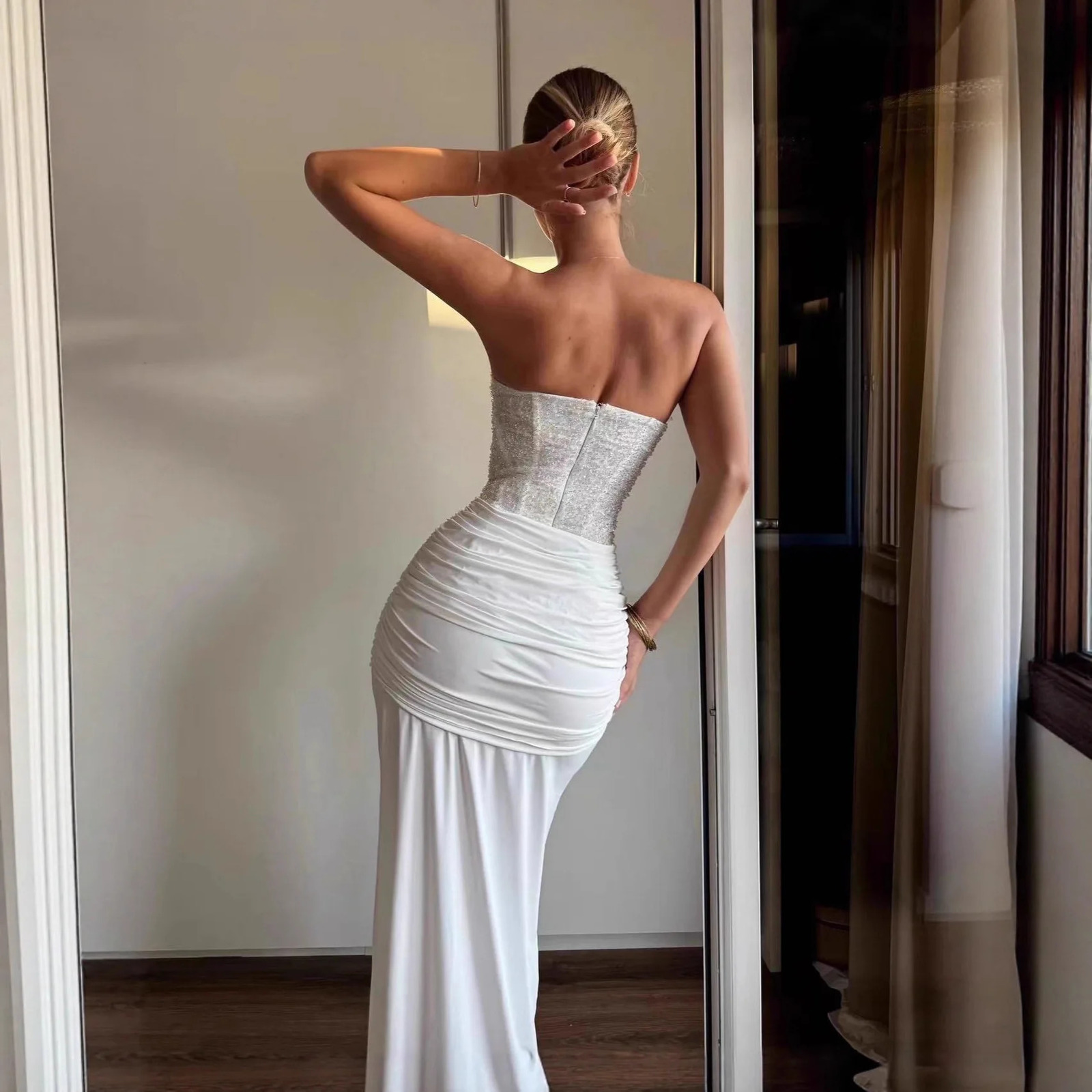 Suninheart Womens Evening Dress Elegant Velvet White Long One-piece Dress Gown Sequins Birthday Cocktail Party Dresses 260121