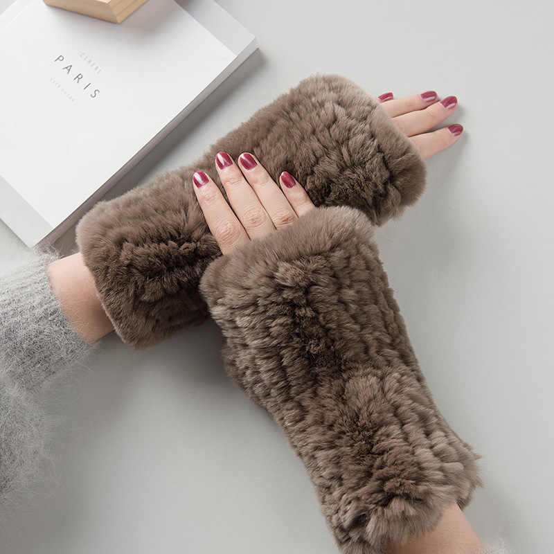 Sweet Lady Autumn Winter Warm Thickened Rex Rabbit Fur Gloves Female Student Writing Knitting Gloves Half Finger Full Finger 241122