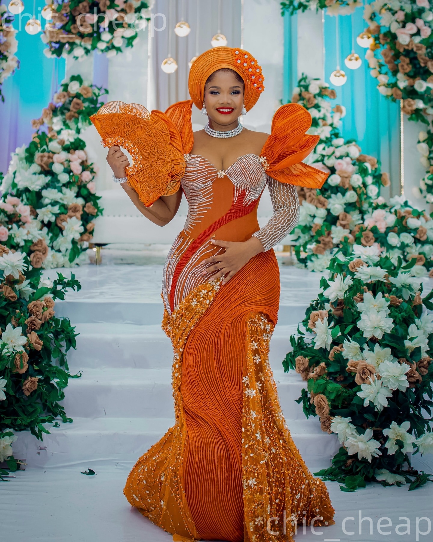 Aso Ebi Orange Nigerian Mermaid Prom Dresses 2026 Pearls Crystals Florals Evening Formal Party Second Birthday Engagement Gowns Dress For Special Occa