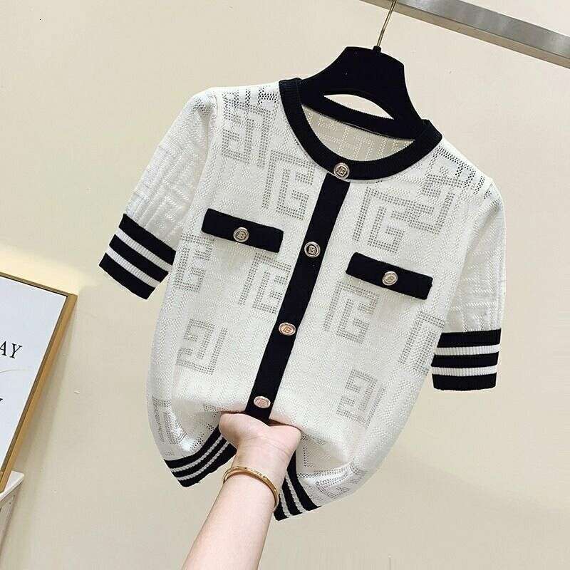 Luxury High-end Shiny Diamond Ice Silk T-shirt Thin Tops Button Summer Knit Tees Short Sleeve Striped Women's Clothing Outerwear