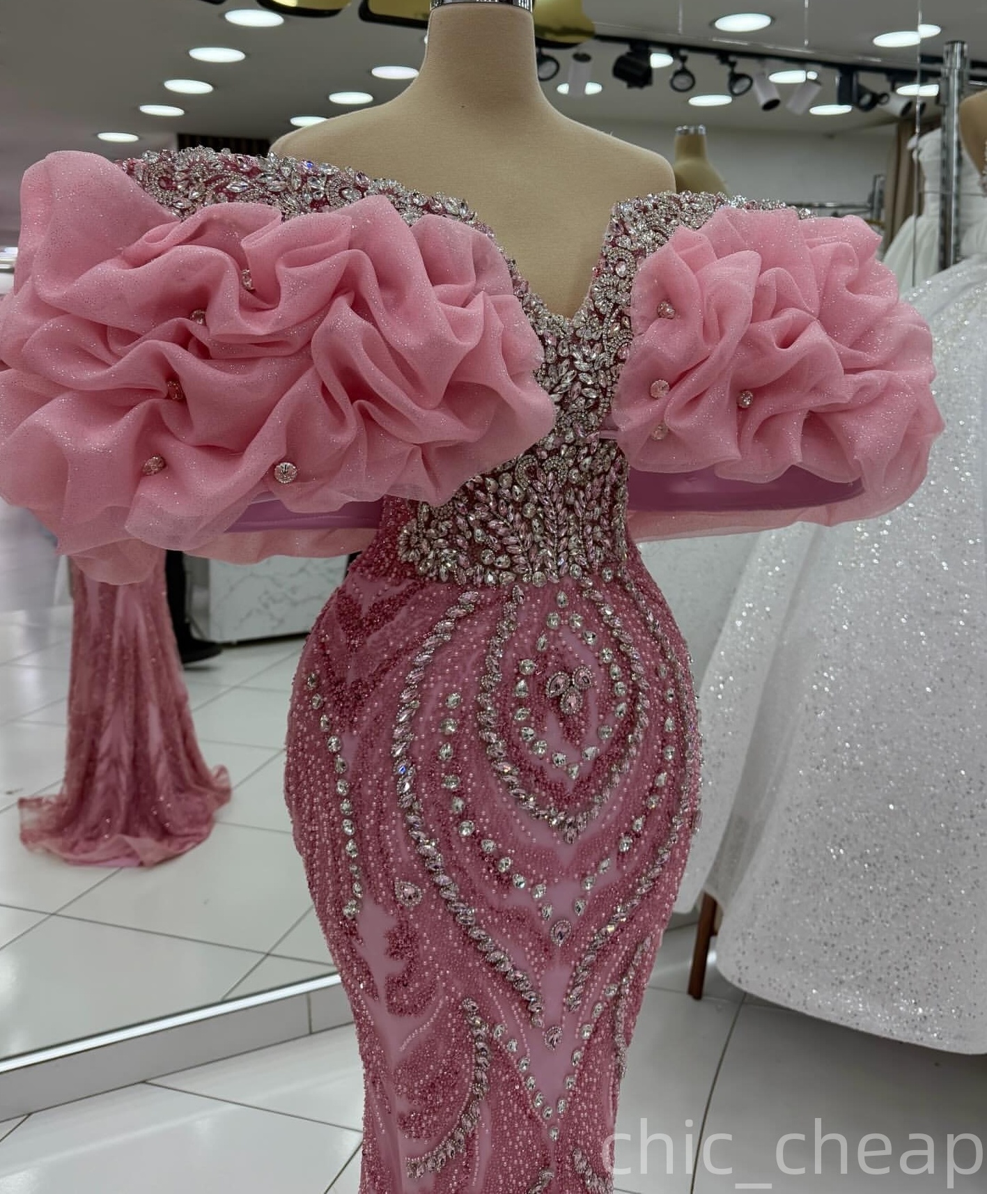 Aso Ebi 2026 Pink Mermaid Prom Dresses Crystals Off Shoulder Sequined Evening Formal Party Second Birthday Engagement Gowns Dress For Special Occasion