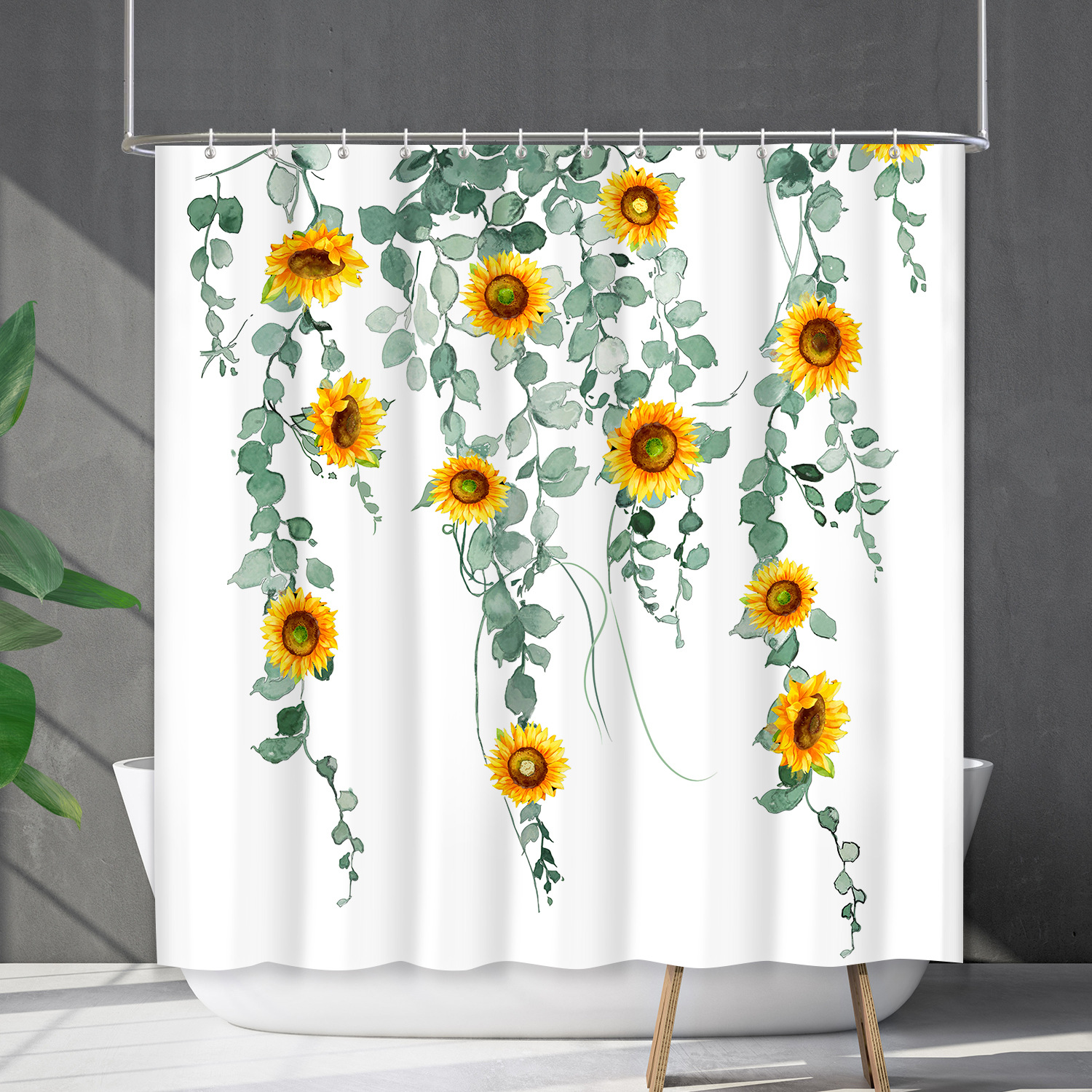 YL-38209 Bathroom Waterproof Shower Curtain Set, Floral Plant Curtain, Flower Shower Cover, No Drill Required