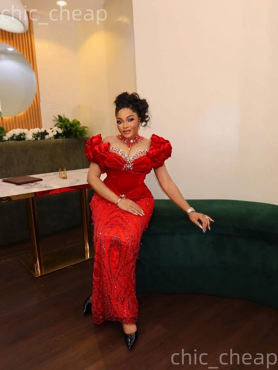 Aso Ebi Nigerian Red Sheath Prom Dresses 2026 Crystals Sheer Neck Sequined Evening Formal Party Second Birthday Engagement Gowns Dress For Special Occ