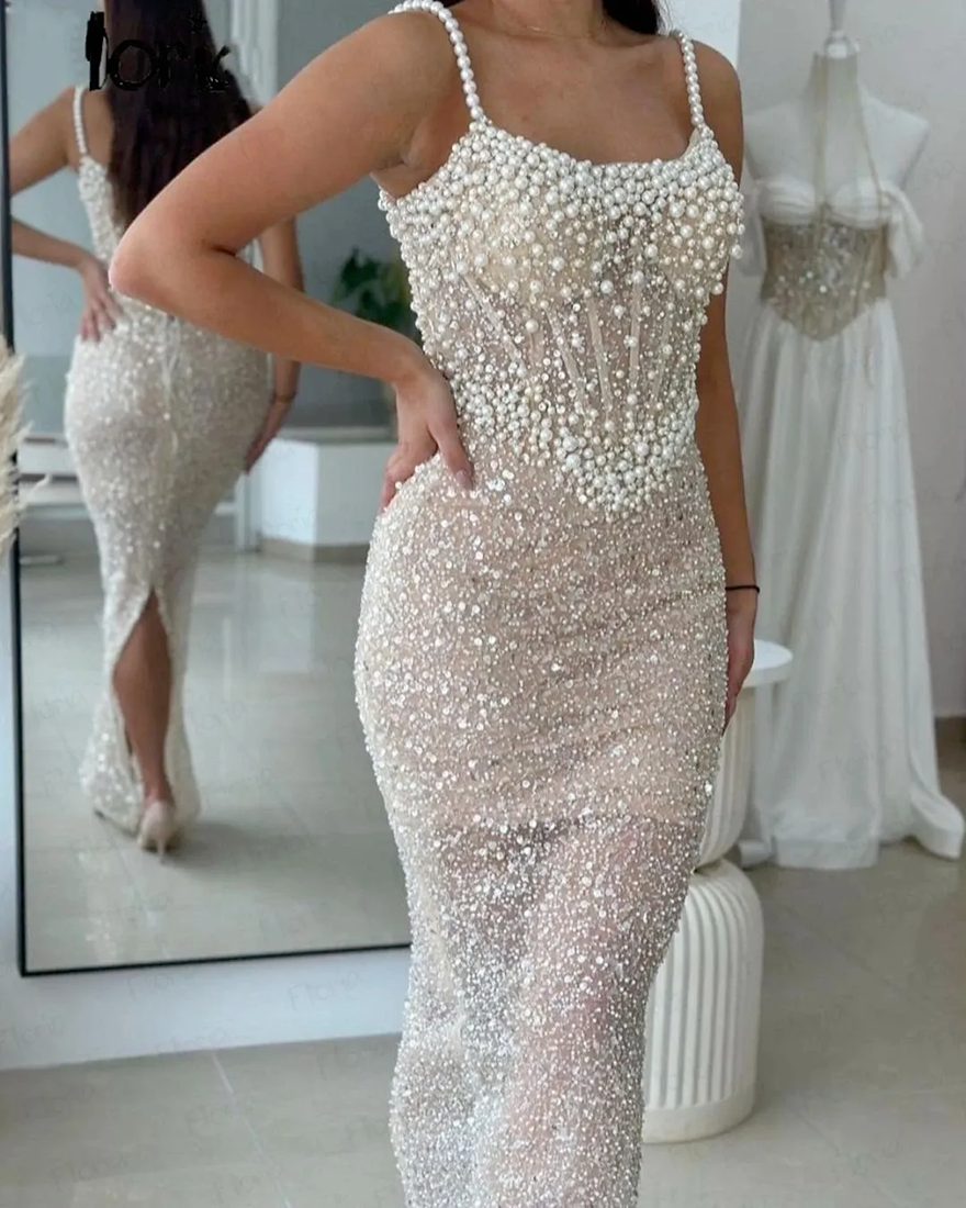 2026 Luxury Champagne Prom Engagement Dress Straps Pearls Beads Sequins Sheath Birthday Evening Party Gowns Robe De Soiree Bes152 D0327