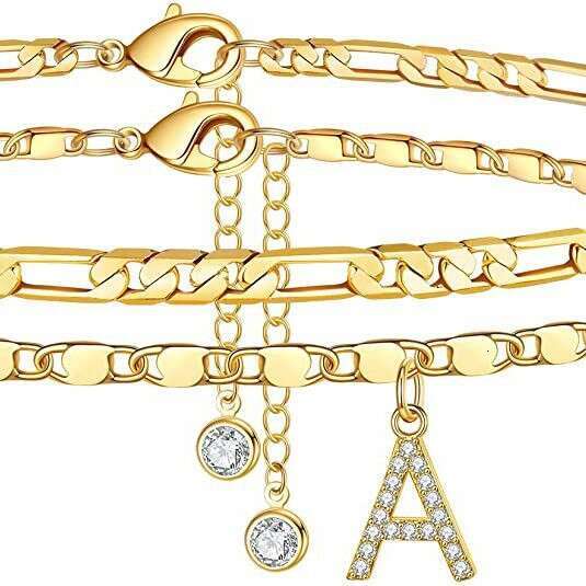 Cross-Border Foreign Trade 14K Gold Plated Exquisite Layered Figaro Chain CZ Initial Anklet Set Summer Gift