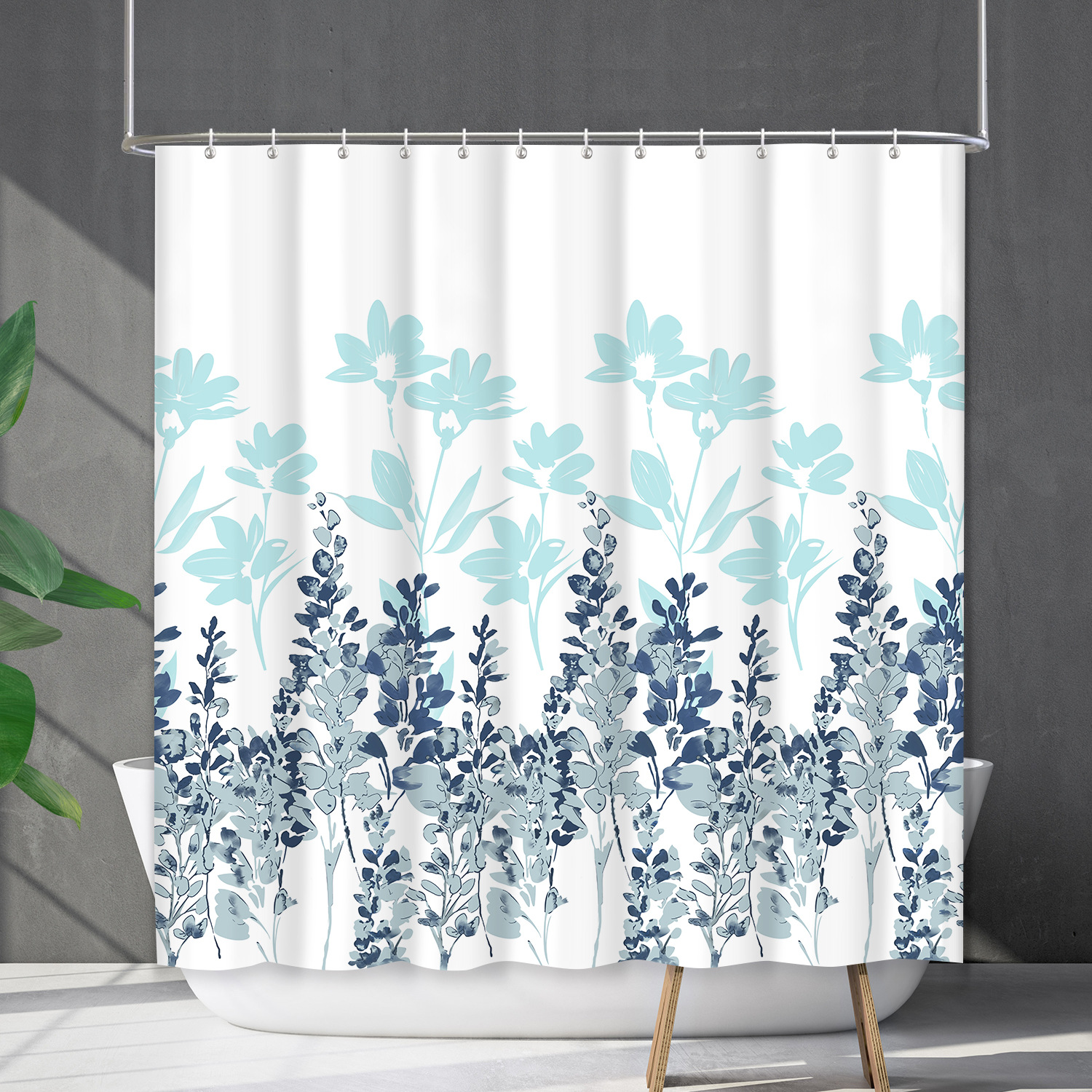YL-38204 Waterproof Shower Curtain Set with Floral and Plant Designs, Shower Covering Curtain, No Drill Required