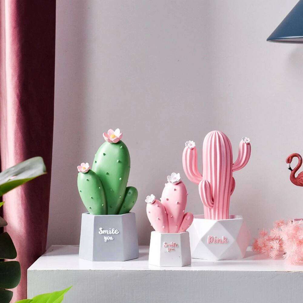 Pink Resin Cactus Desk Decor - Mini Succulent Ornament Girls, Self Care Gift for Women Office & Home