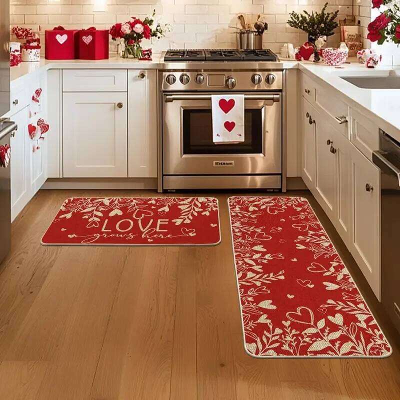 Valentine's Day Heart Themed Crystal Velvet Kitchen Mat Decorative Stain Resistant And Easy To Clean Entryway Doormat