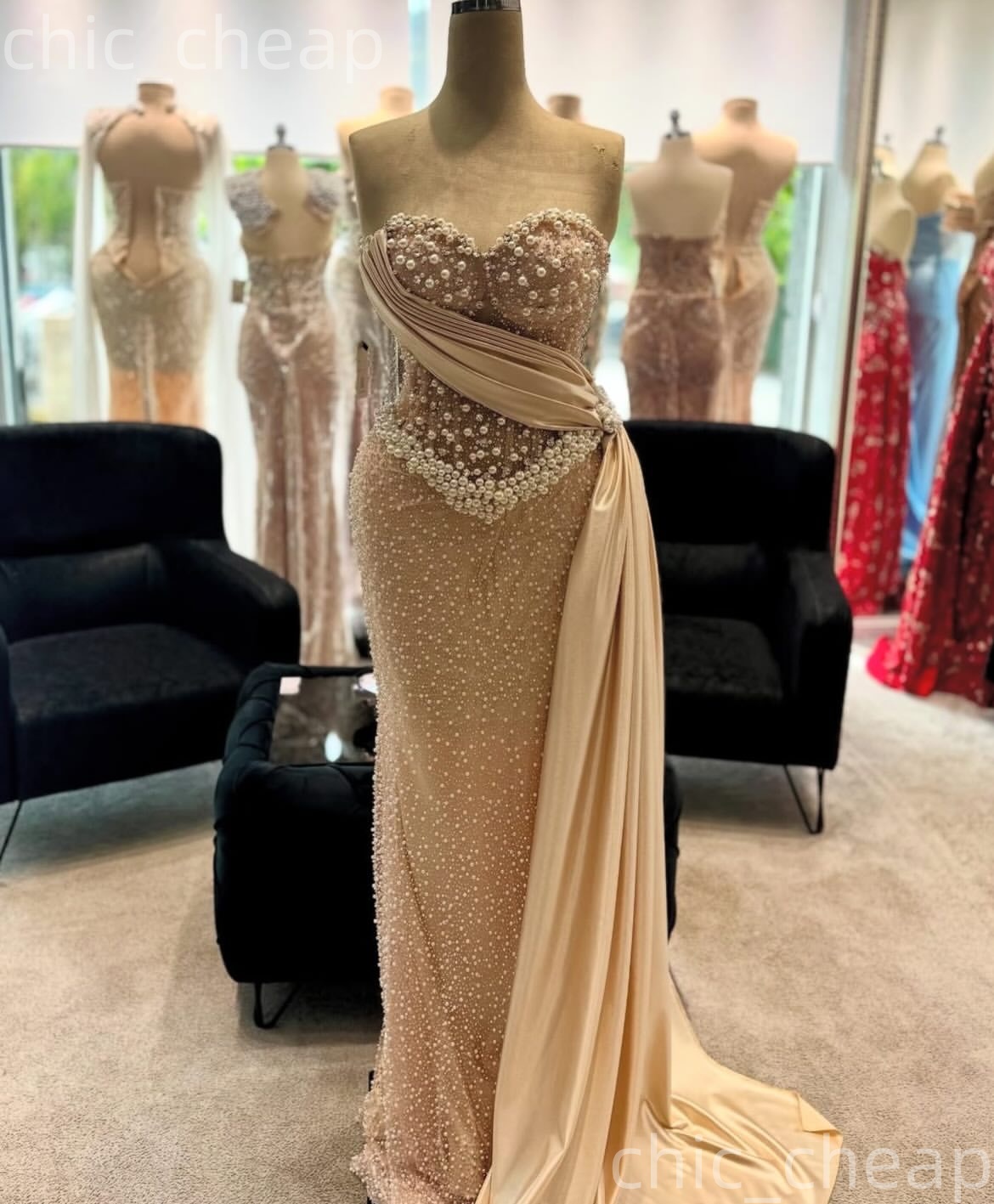 Aso Ebi 2026 Champagne Sheath Prom Dresses Pearls Crystals Sequined Evening Formal Party Second Birthday Engagement Gowns Dress For Special Occasions