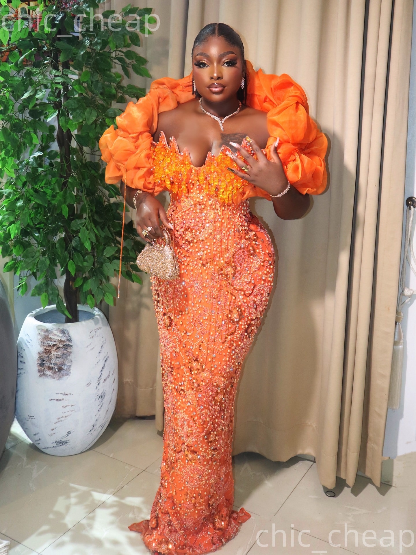 Aso Ebi Orange Sheath Prom Dresses 2026 Crystals Pearls Portrait Sequined Evening Formal Party Second Birthday Engagement Gowns Dress For Special Occa