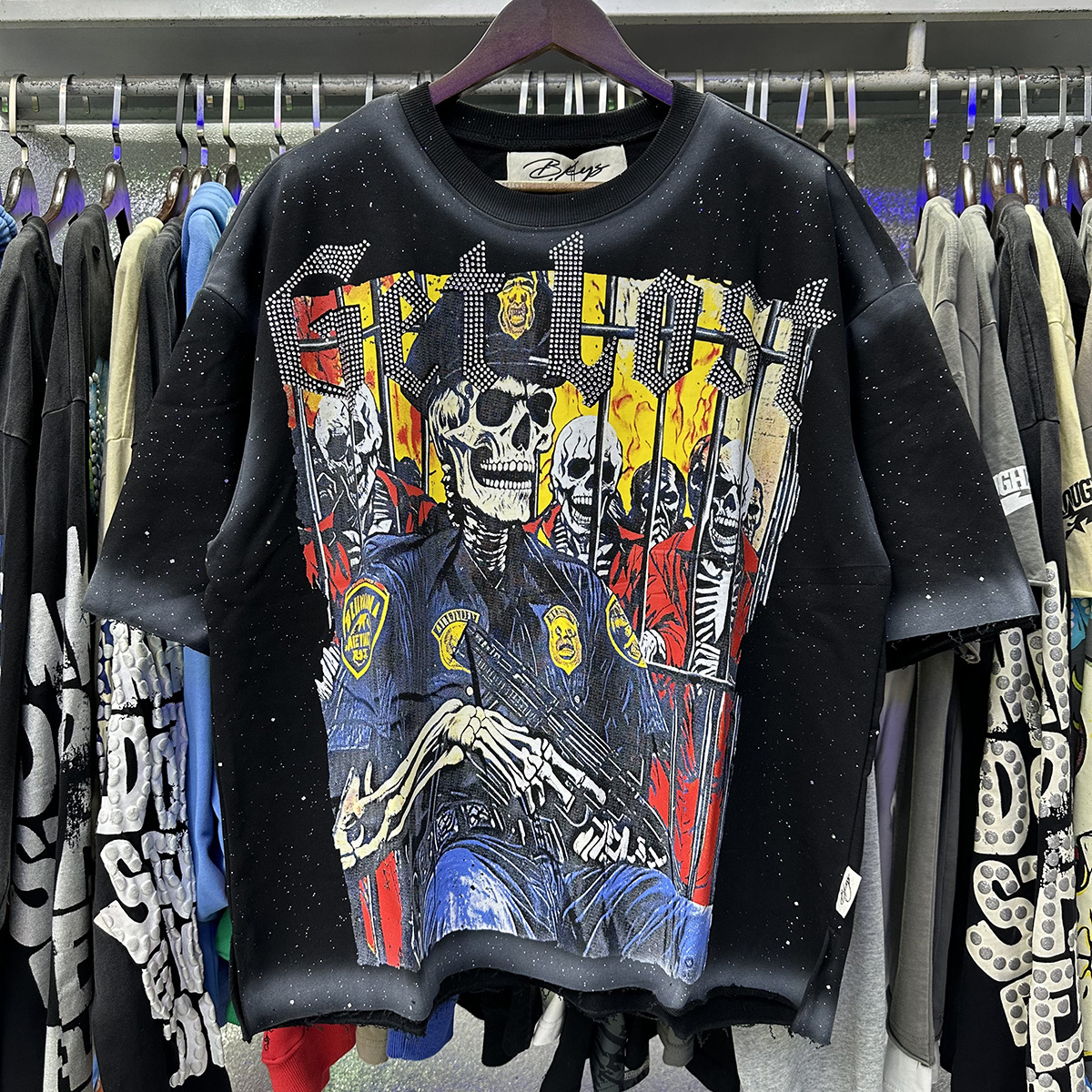 Men's T Shirts BKYS Tshirts Diamond Retro Graffiti Skeleton Devil Print Washed Black Cotton Vintage Short Sleeve Loose Street Round Neck Tops Men