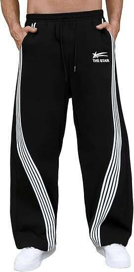 Men's loose wide-leg sports pants with Y2K stripes, side drawstring waistband, bucket-shaped waistband with pockets J260122