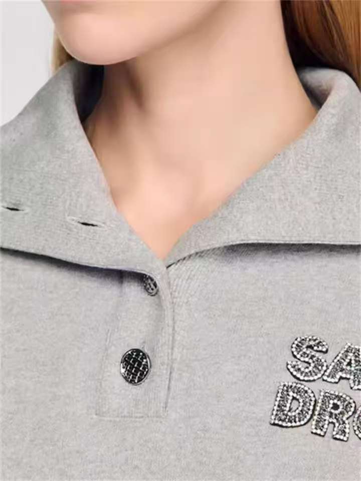 Diamond Letters Embroidered Patch Women Gray Sweatshirt Turn-Down Collar Waist-Cinching Female Casual Pullover Spring 2026