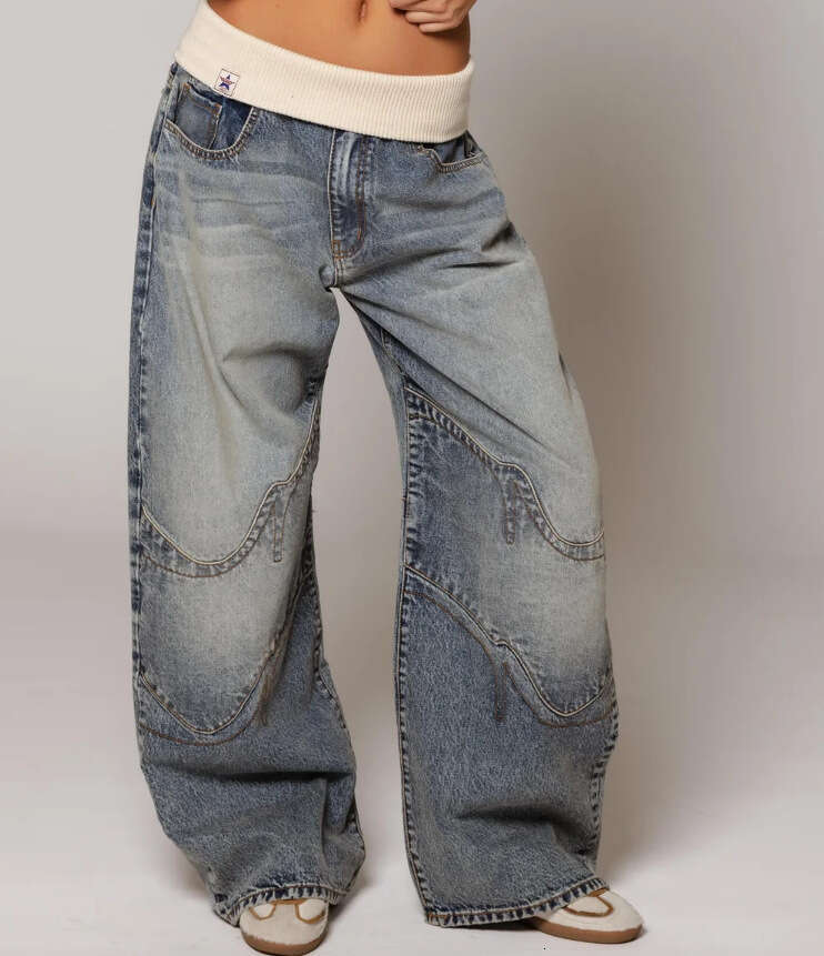 European and American Cross-Border Revice Retro Street Style Hot Girl Flipped Waist Design Washed Blue Jeans for Women Y2K