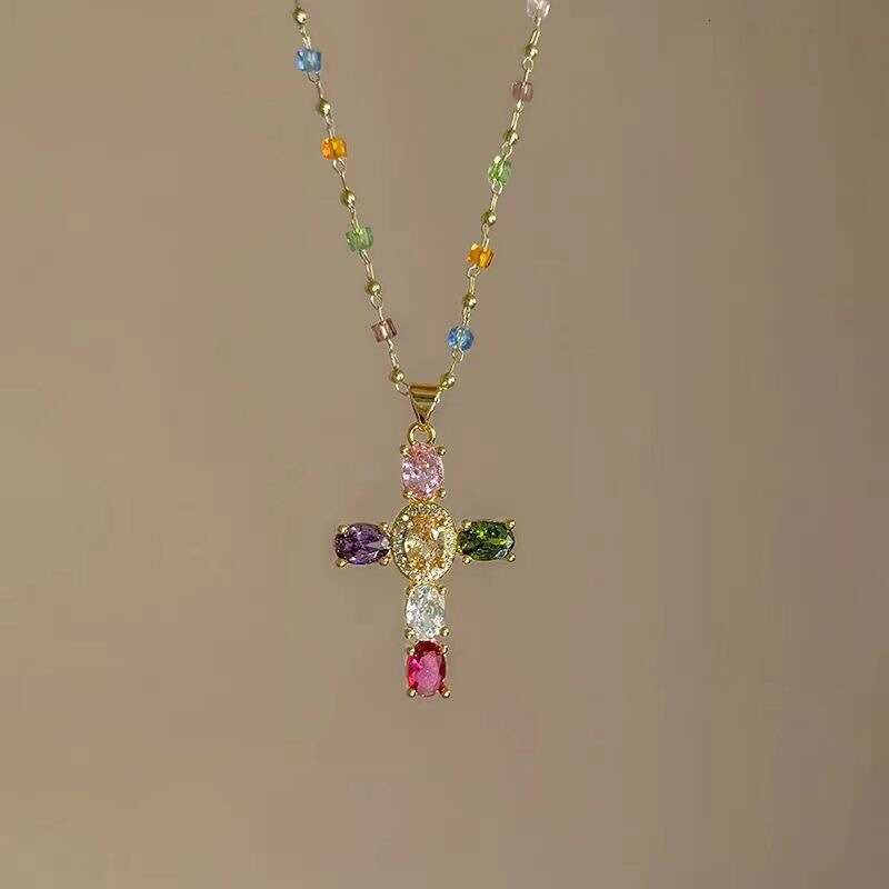 Cross-Border Colorful Cross Contrast Color Crystal Necklace for Women, Niche Design, Ins Style, Elegant Super Shiny Zircon Collarbone Chain