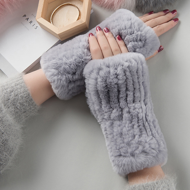 Sweet Lady Autumn Winter Warm Thickened Rex Rabbit Fur Gloves Female Student Writing Knitting Gloves Half Finger Full Finger 241122