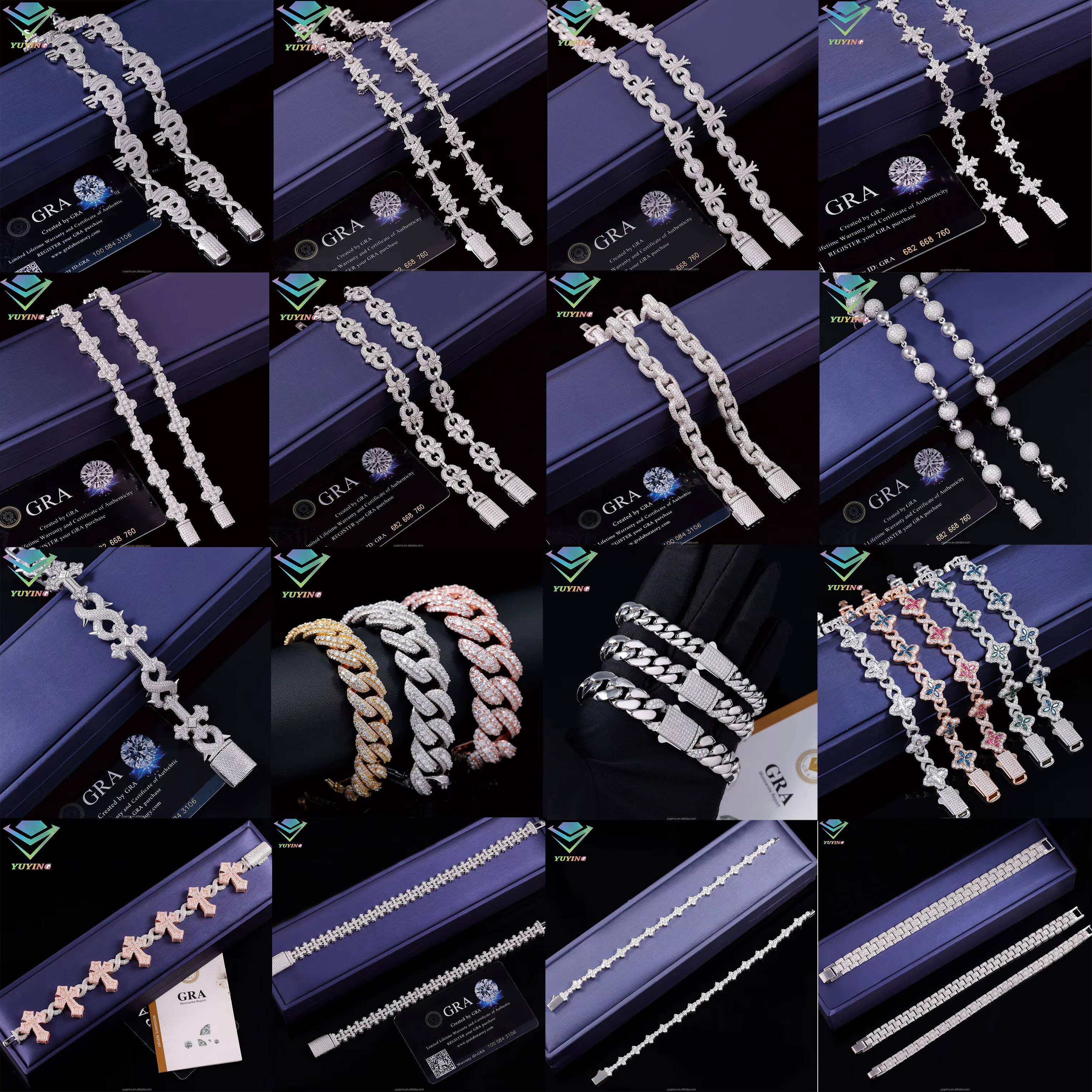 Fashion Best Selling Prong Setting 18k White Gold Plated Iced Out Jewelry Moissanite Diamond Hip Hop Cross Cuban Link Bracelet