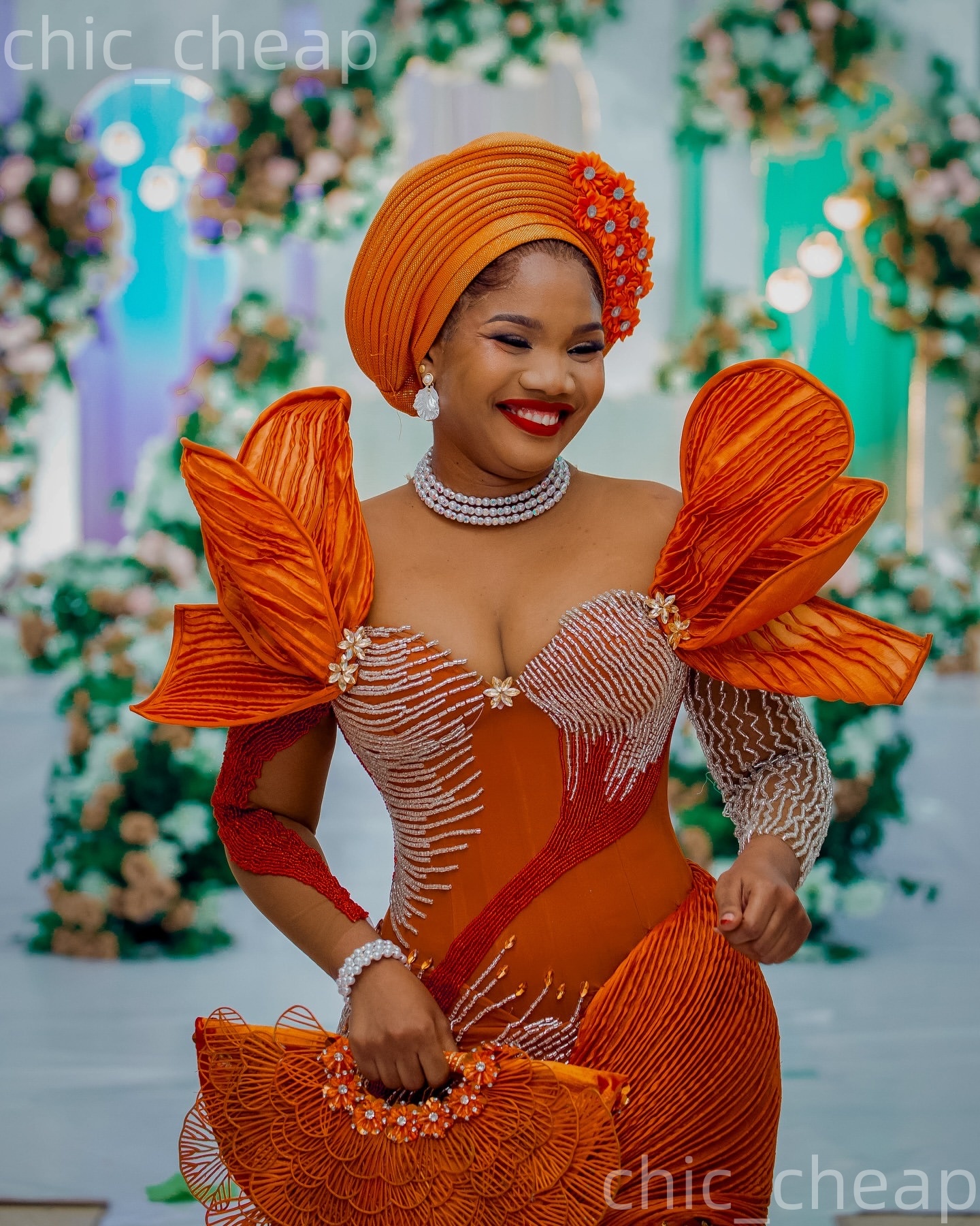 Aso Ebi Orange Nigerian Mermaid Prom Dresses 2026 Pearls Crystals Florals Evening Formal Party Second Birthday Engagement Gowns Dress For Special Occa