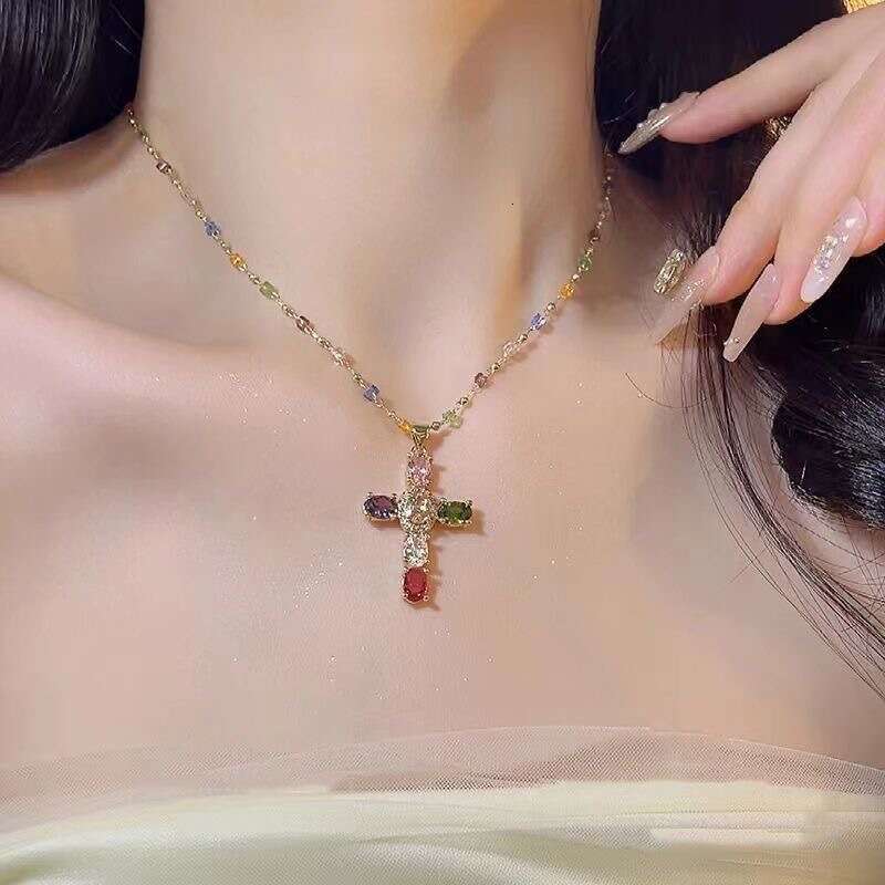 Cross-Border Colorful Cross Contrast Color Crystal Necklace for Women, Niche Design, Ins Style, Elegant Super Shiny Zircon Collarbone Chain