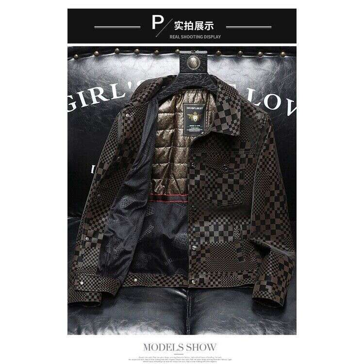 Thin Checkerboard Collar Leather Jacket For Men Men's Jacket Autumn Winter Slim Plus Fashion trend Thickened Biker Casual Coat Men plaid Leather 