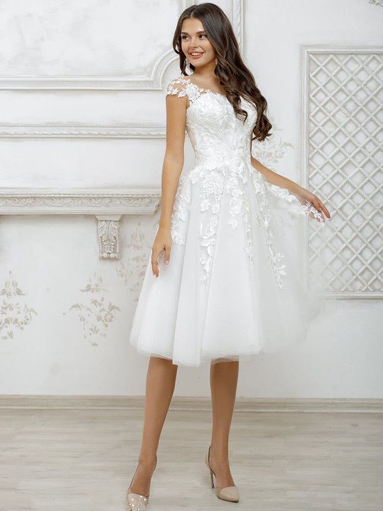 Short Wedding Dress 2026 White For Women Cap Sleeve Lace Appliques Boho Bridal Gown Princess Cute Robe De Mariee Illusion Vestidos J22 D0330