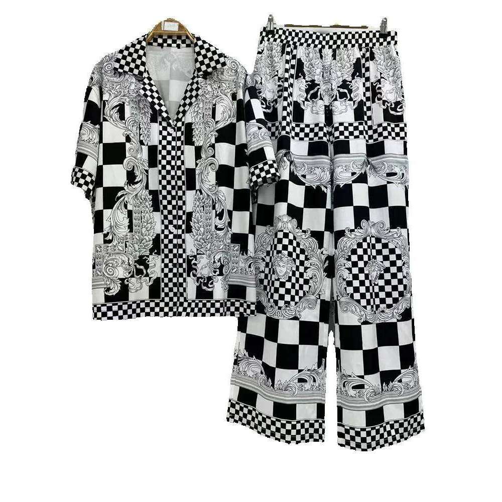 Designer's Retro Geometric Print Straight-Leg Pajama Shirt Two-Piece For Summer Women's Wear + Loose Wide-Leg Pants Set
