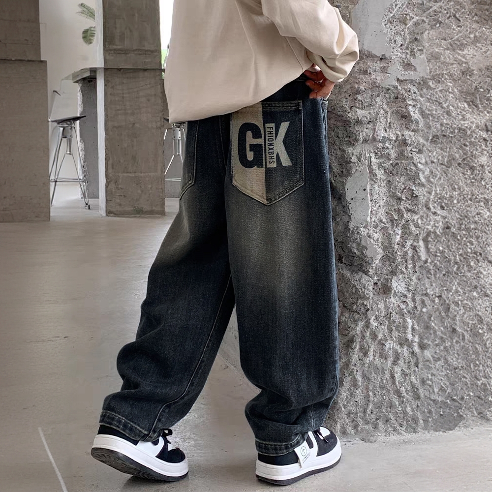 Boys' jeans for autumn and winter casual and versatile mid size children's new style rugged and handsome retro dark color trendy soft denim 