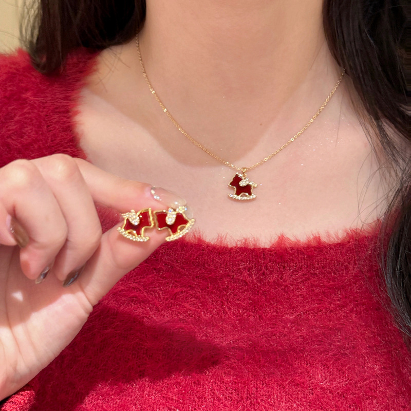 18K Real Gold Plated Zircon Pony Necklace Earrings New Chinese Style Zodiac Year Jewelry Set Light Luxury Elegant Accessories