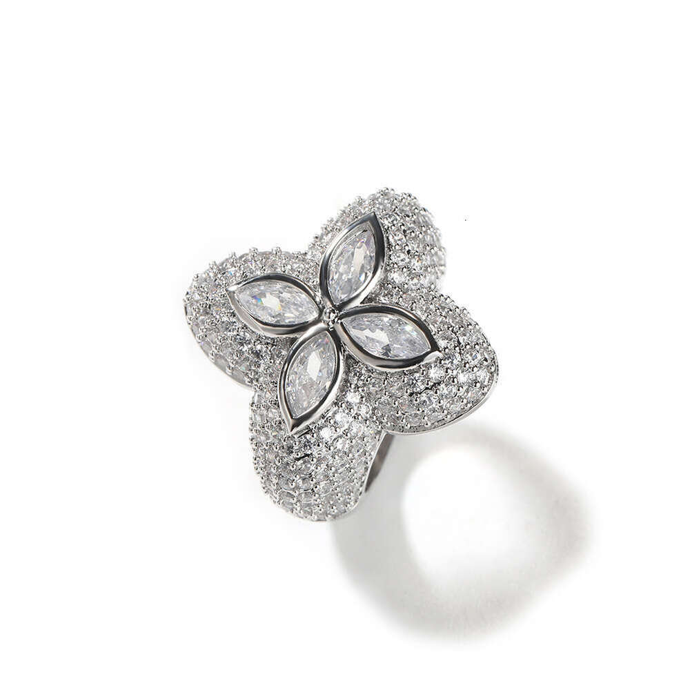 With Box European and American Cross-Border Dainty Design Clover-Shaped Zircon High-End Niche Full Flower-Shaped Green Diamond Jewelry Ring Wholesale 
