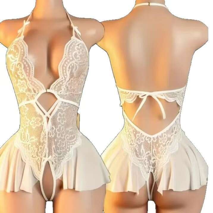 Red Lace Bodysuit with Ruffle Skirt Sexy Halter Neck Lingerie Set for Women, Romantic & Elegant Nightwear - view 6
