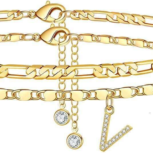 Cross-Border Foreign Trade 14K Gold Plated Exquisite Layered Figaro Chain CZ Initial Anklet Set Summer Gift