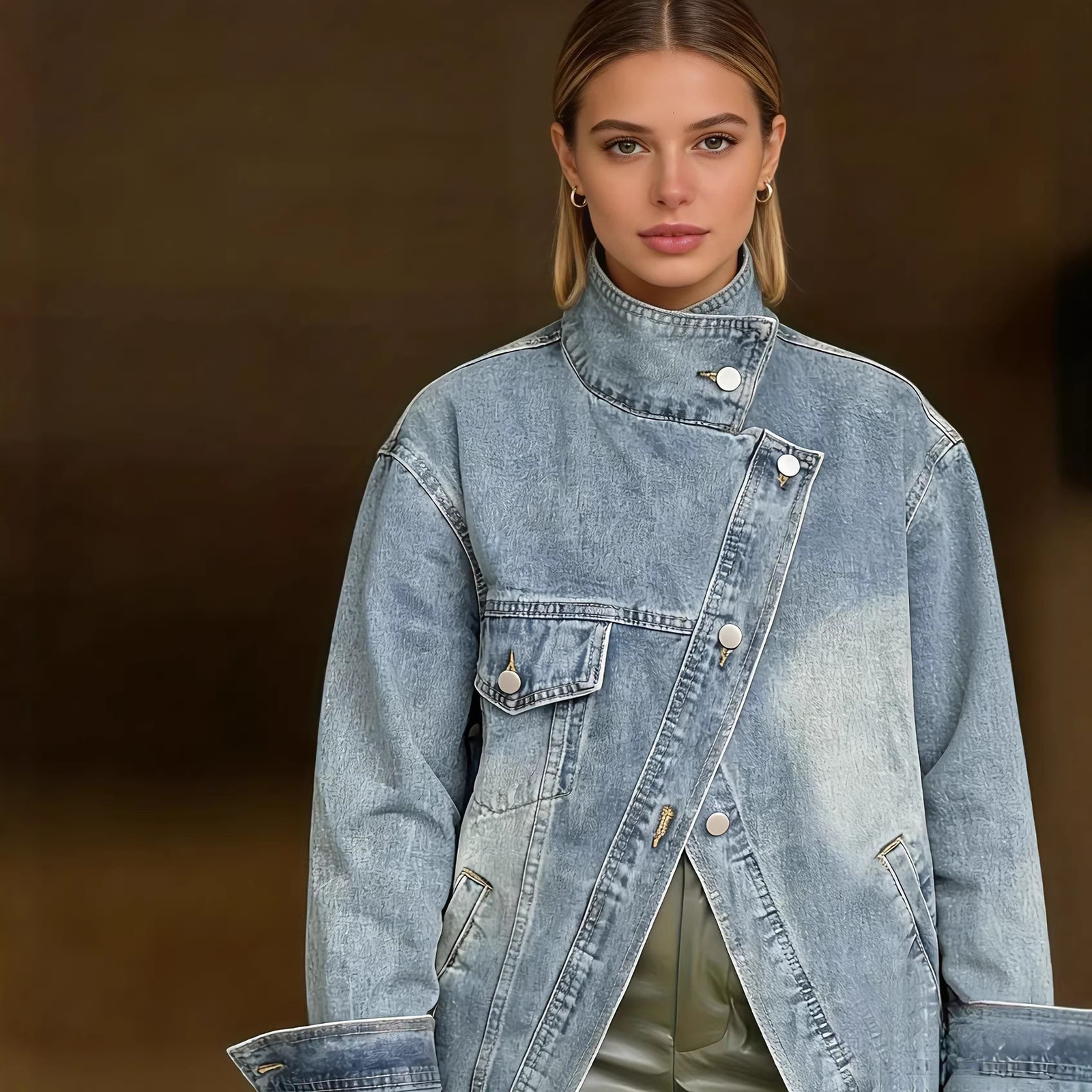 2025 Denim Jacket Irregular Single Pocket Design Womens Loose Coat 240116